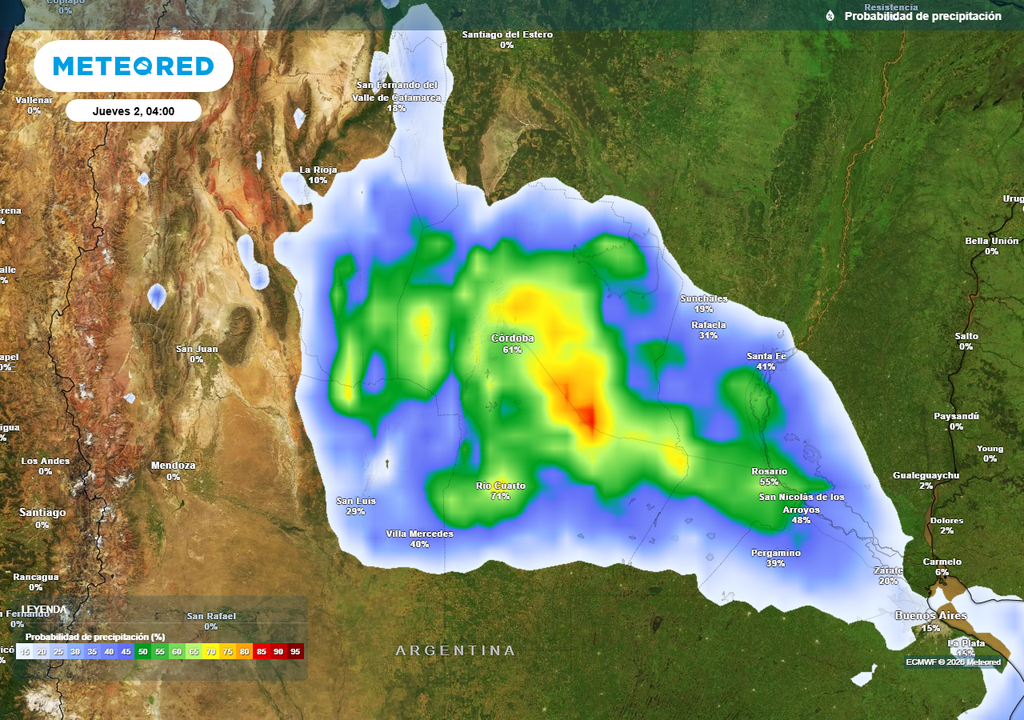 Probabilidad de precipitaciones durante el próximo jueves según mapas propios basados en nuestro modelo de confianza ECMWF