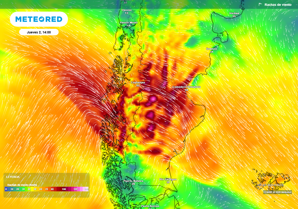 Ráfagas de viento pronosticadas por el ECMWF para este jueves.