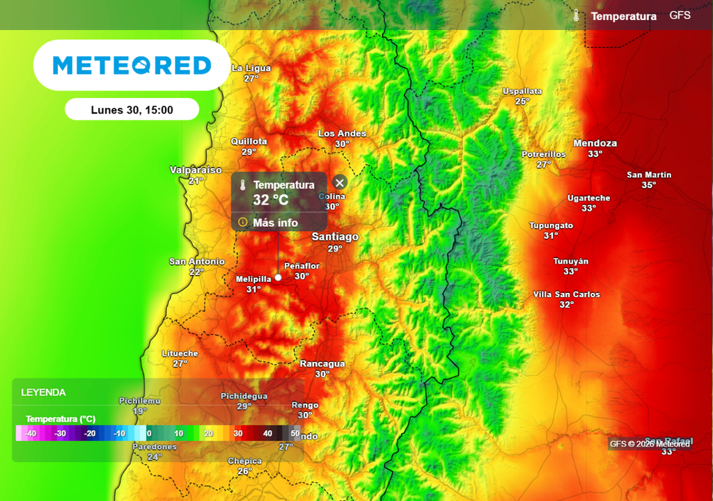 Marzo cierra con calor: modelo GFS prevé hasta 32 °C en la Región Metropolitana este lunes (30).