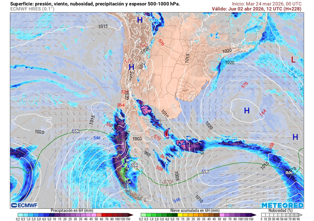 Precipitación (mm) para la mañana del jueves 02 de abril 2026 (colores azules).
