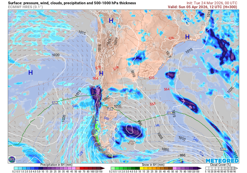 Precipitación (mm) para la mañana del domingo 05 de abril 2026 (colores azules).