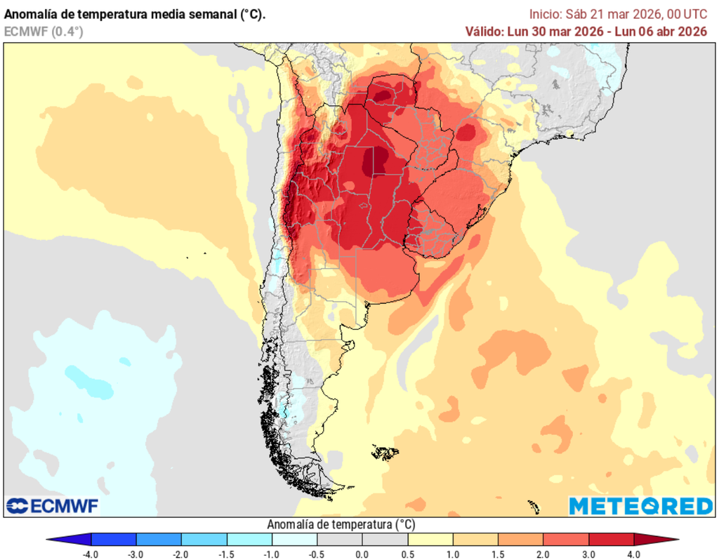 Anomalías de temperatura para la semana de Semana Santa muestran un predominio de valores sobre lo normal en gran parte del norte e interior del centro-norte, mientras que la zona central muestra temperatruas bajo lo normal en varias regiones.