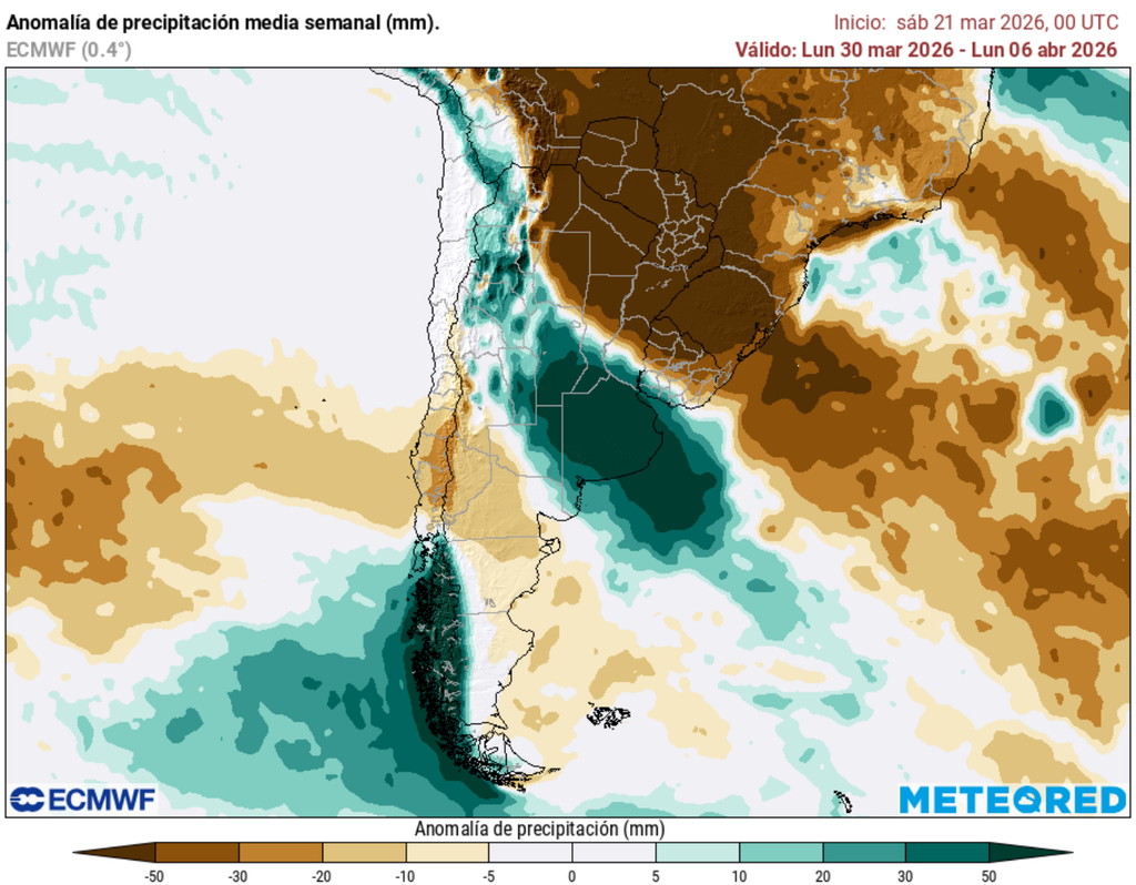 Las anomalías de precipitación proyectan un escenario mayormente seco en el centro y norte, excepto el Altiplano, que continuaría con lluvias durante Semana Santa, mientras que los mayores acumulados se concentrarían en el sur y sectores australes del país.
