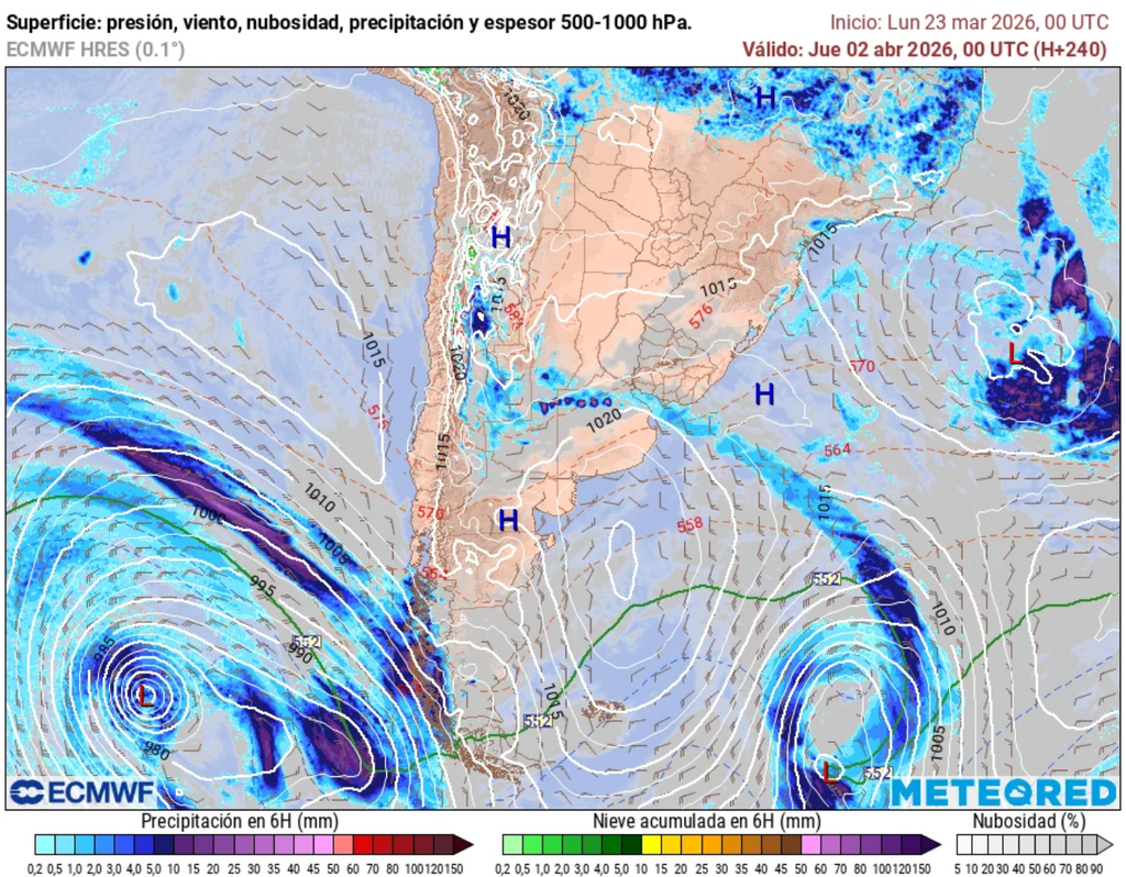 La proyección del modelo ECMWF sugiere la posible aproximación de un sistema frontal hacia el fin de semana largo de Semana Santa, con opciones de lluvias en la Patagonia y un escenario aún en evaluación para la zona sur o más al norte.