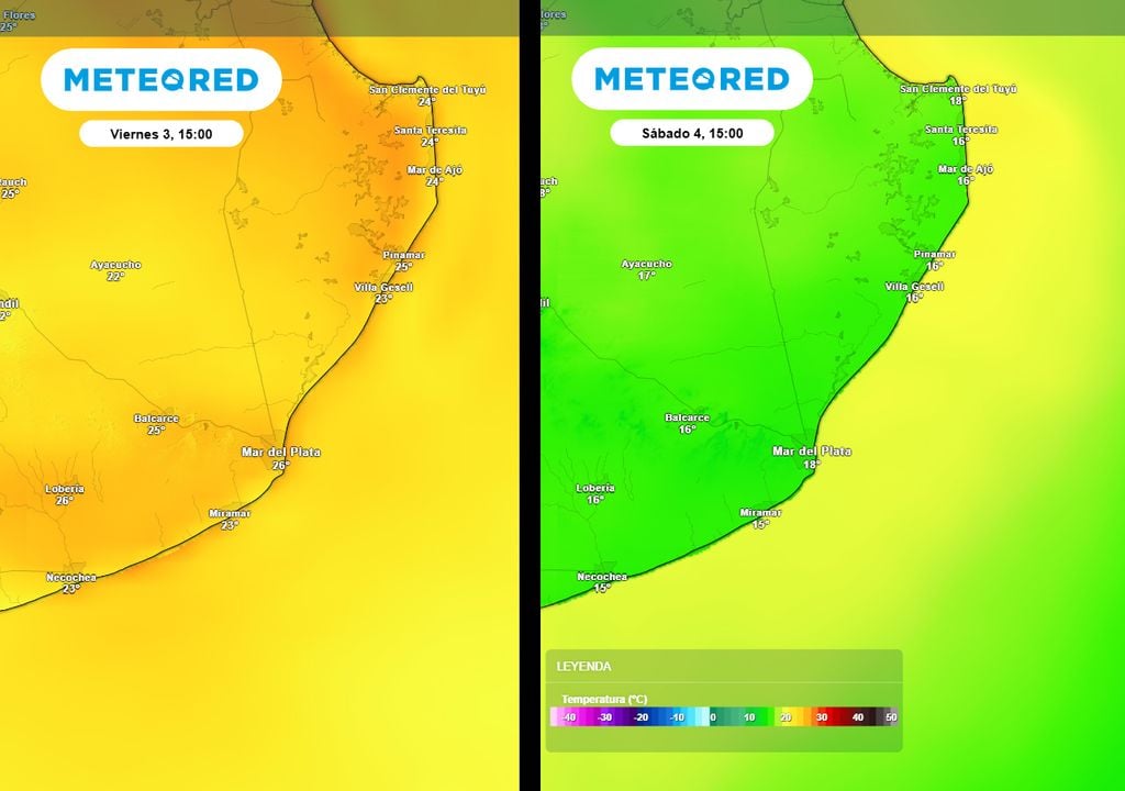 Cambio de temperatura Mapas de temperaturas previstas para las 15 h del viernes 3 y sábado 4, donde se aprecia el marcado descenso de hasta 8 °C en las máximas