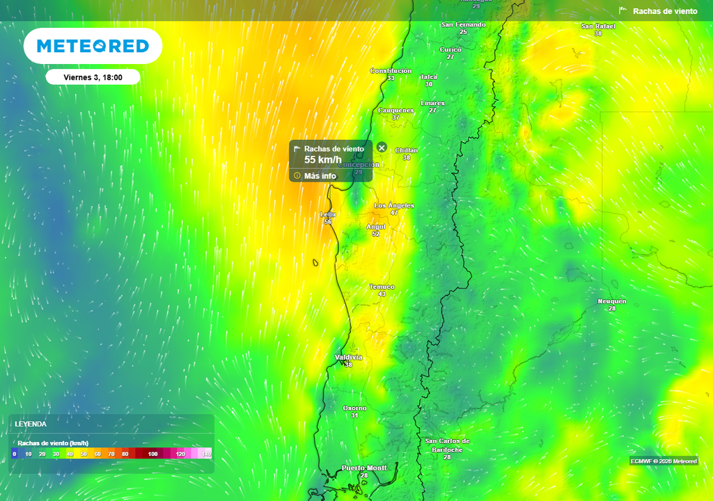 Pronóstico de Meteored para la Semana Santa en Chile centro-sur Rachas de viento (km/h) para la tarde del Viernes Santo en Chile centro-sur.