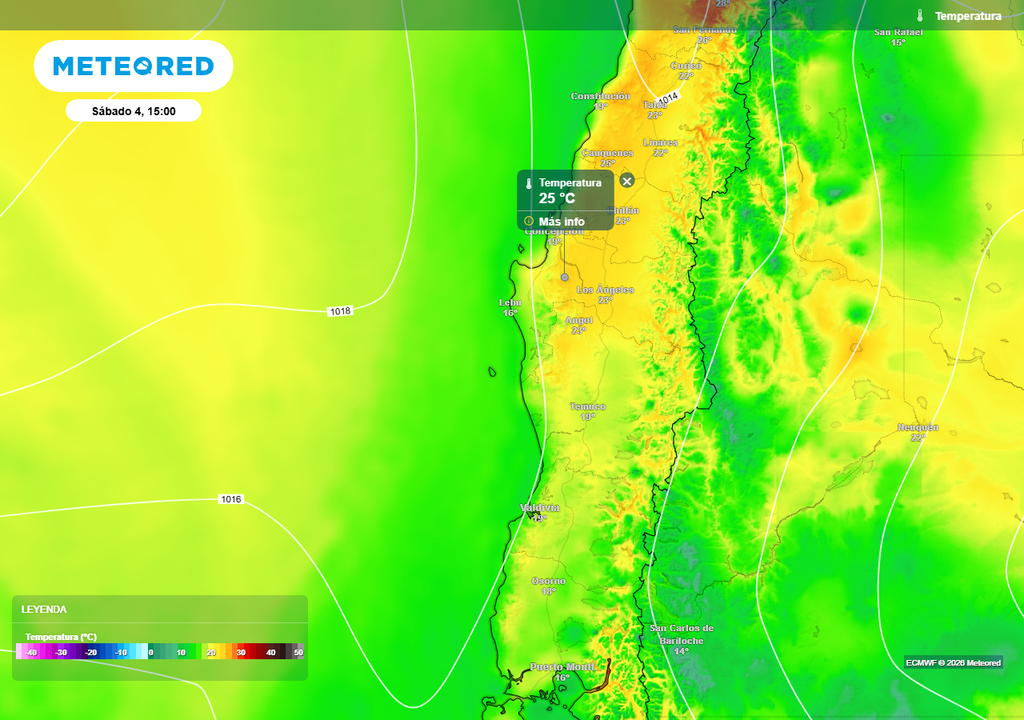 Pronóstico de Meteored para la Semana Santa en Chile centro-sur Temperatura máxima (°C) para el Sábado Santo en el centro-sur de Chile.