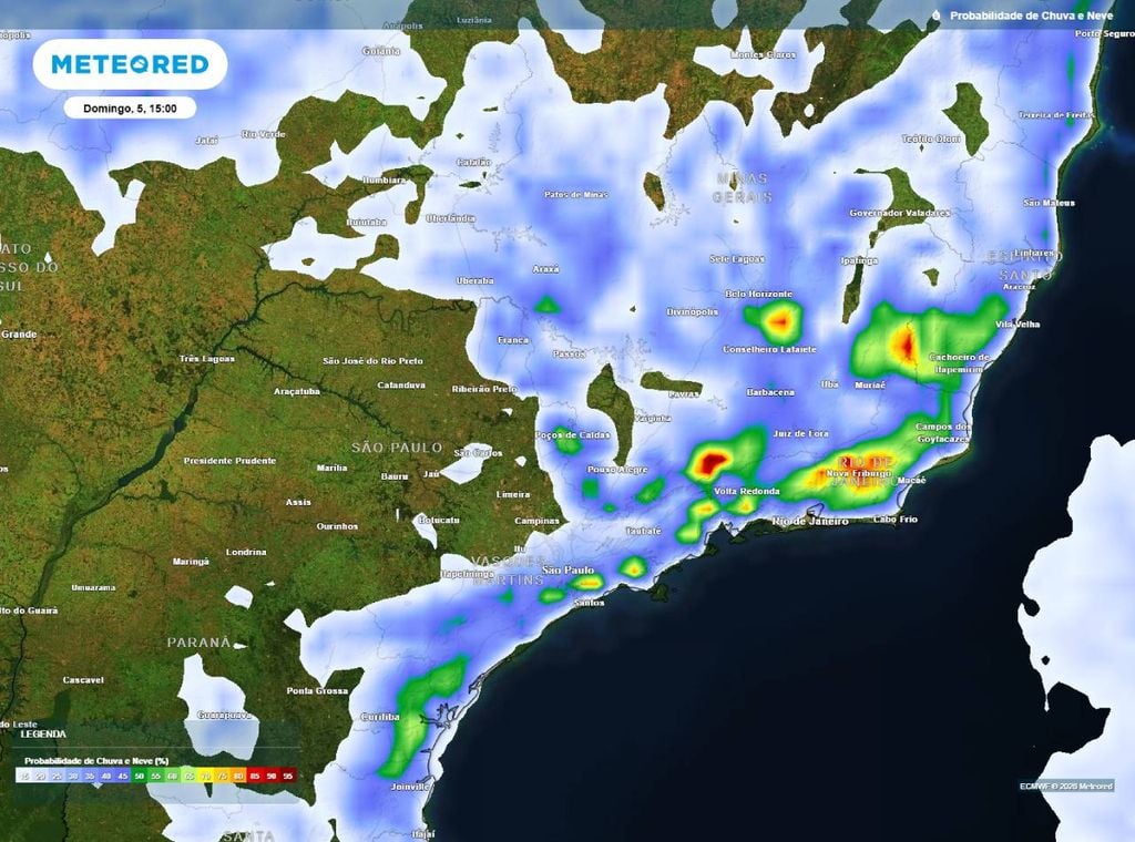 Previsão da probabilidade de precipitação (%) para domingo (5) à tarde (15h), segundo o modelo europeu ECMWF.
