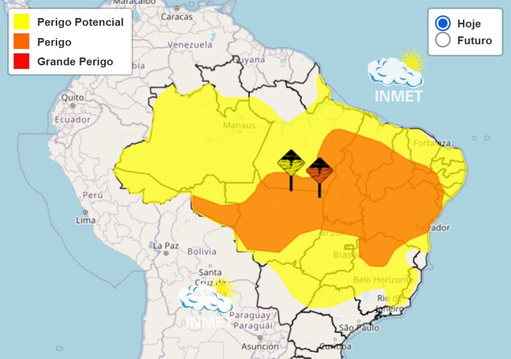 Mapa de avisos de chuva intensa do Instituto Nacional de Meteorologia (INMET) no início do dia 13.