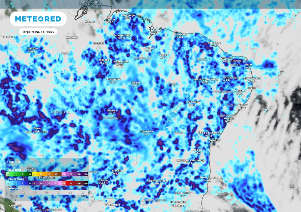 Previsão de nebulosidade e chuva na terça-feira durante a tarde.