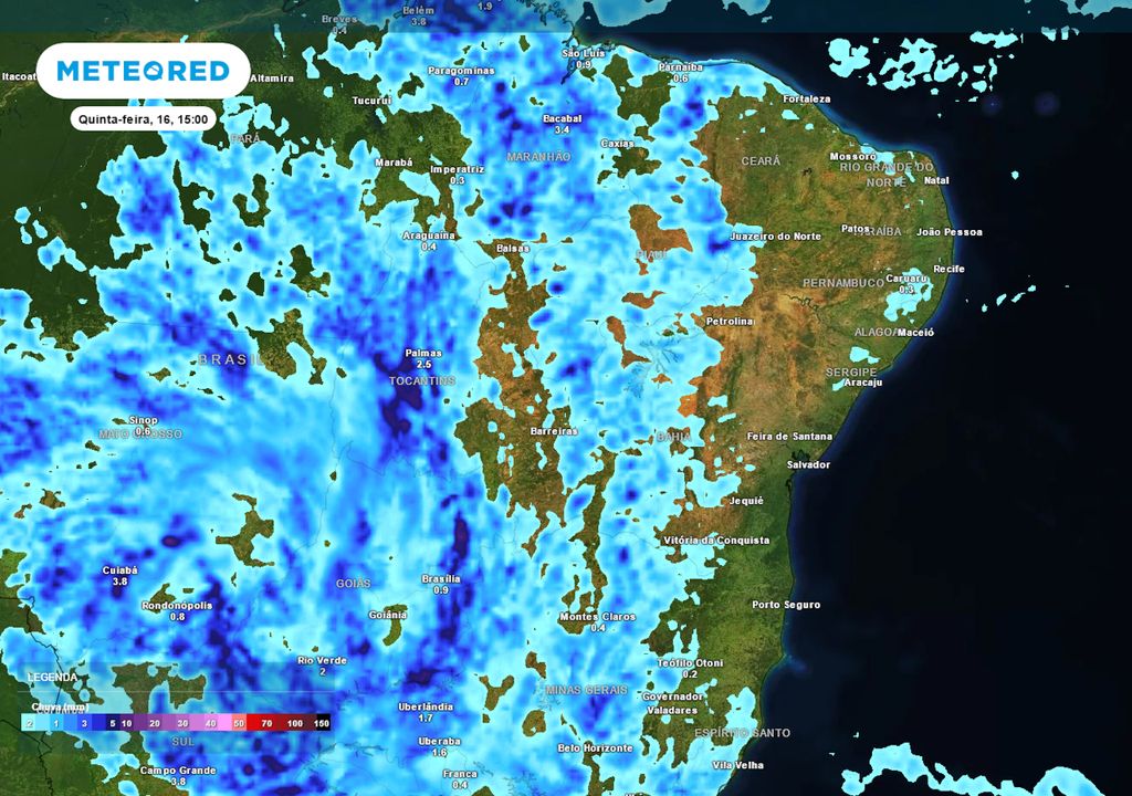 Previsão de chuvas na quinta-feira durante a tarde.