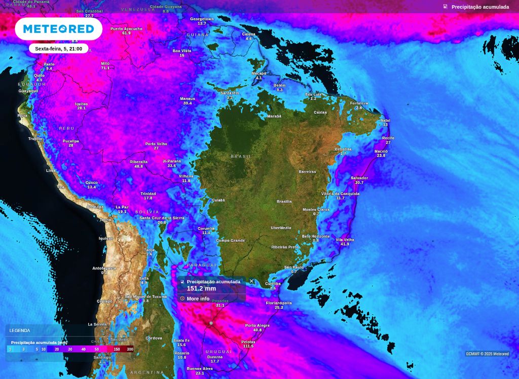 Precipitação acumulada prevista até sexta-feira (5).
