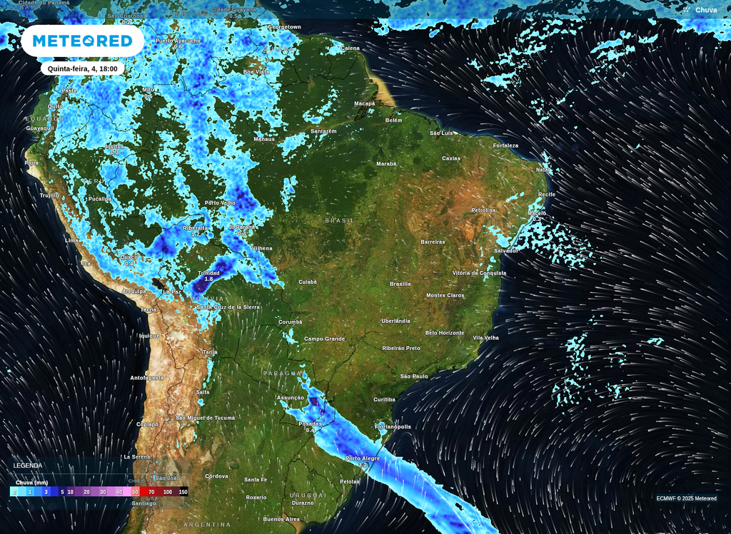 Previsão de chuva para a quinta-feira (4) sobre o Brasil.