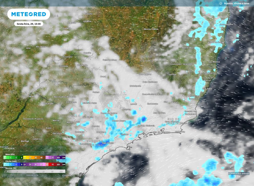 Previsão de nebulosidade e precipitação para a tarde de sexta-feira (29). Previsão de nebulosidade e precipitação para a tarde de sexta-feira (29).