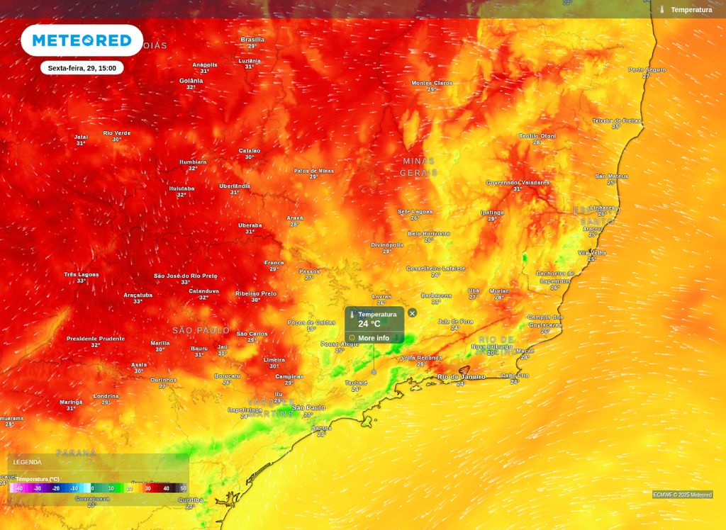 Previsão da temperatura máxima para a sexta-feira (29). Previsão da temperatura máxima para a sexta-feira (29).