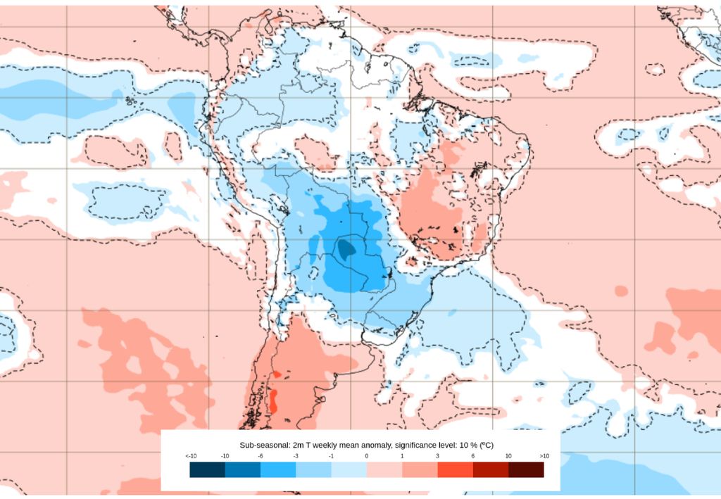 Anomalia de temperatura prevista pelo ECMWF Charts para a semana entre os dias 25 de agosto e 1° de setembro.