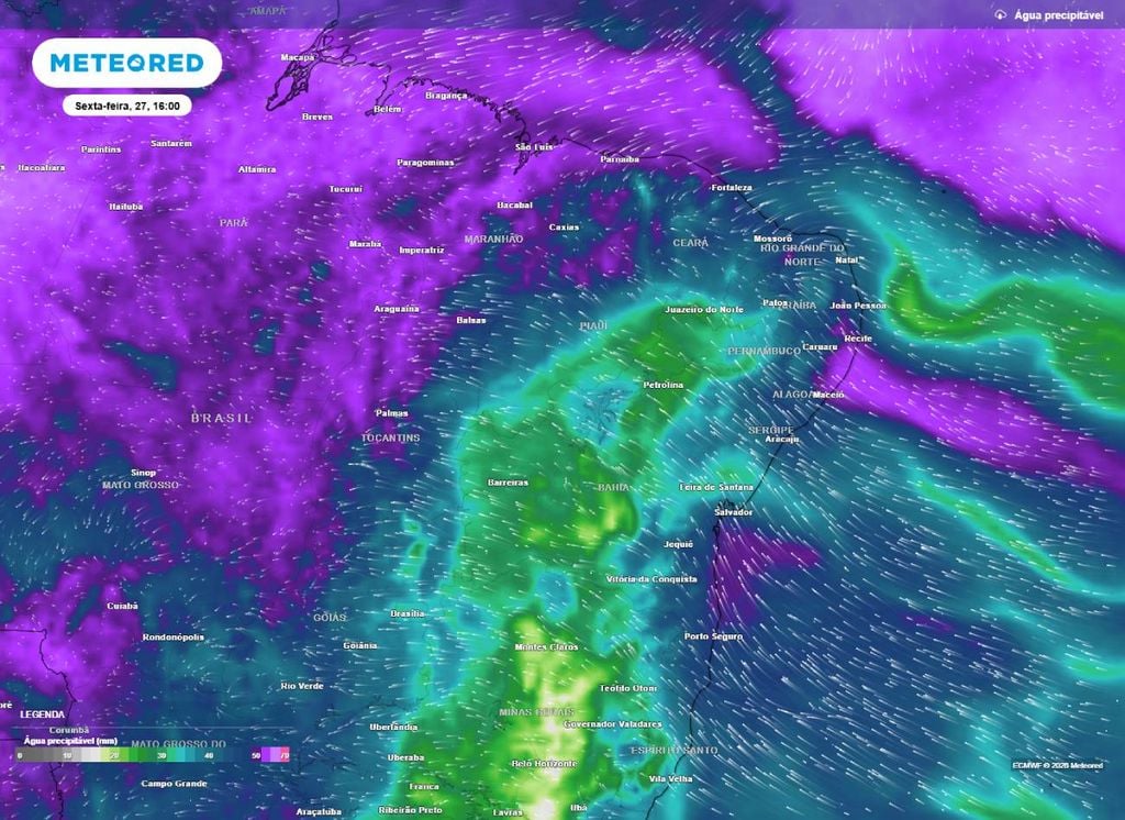 Água precipitável na tarde desta sexta (27) sobre o Nordeste. É possível observar o maior teor de água sobre o litoral nordestino e parte do MA e PI, devido aos ventos úmidos vindo do oceano Atlântico.