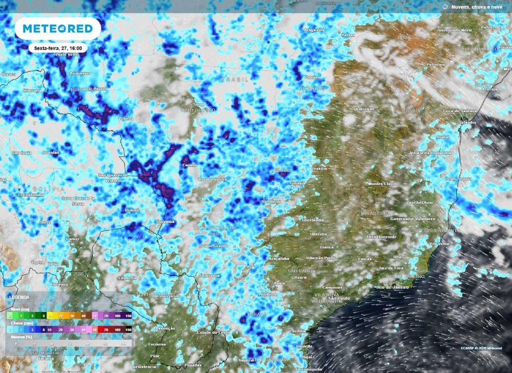 Pancadas de chuva no Sudeste e Centro-Oeste do Brasil. As chuvas ficam mais concentradas no Centro-Oeste, com algums pontos do RJ e ES, com previsão de chuva leve e pontual.