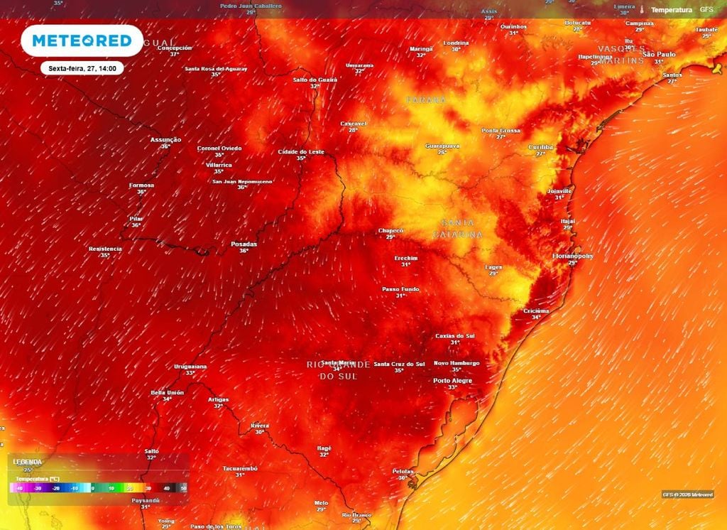 Temperatura máxima prevista para a Região Sul do Brasil na tarde desta sexta-feira (27).