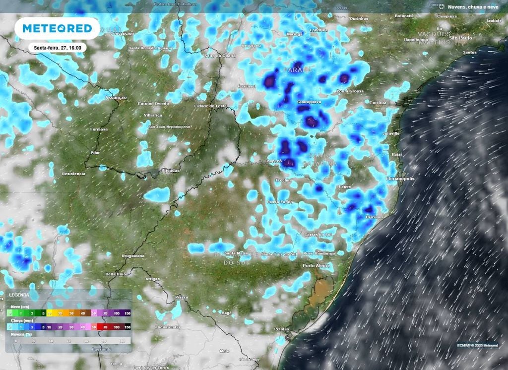 Pancadas de chuva estão previstas para acontecerem no Sul do Brasil nesta sexta-feira (27). Calor e umidade aumentam riscos de chuvas mais fortes.