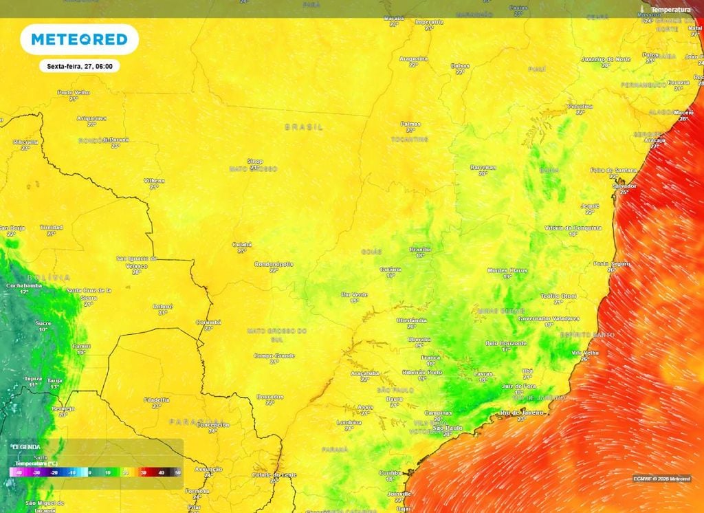 Temperatura mínima prevista para a manhã desta sexta-feira (27). A previsão é de temepraturas levemente acima da média em diversas partes do Brasil.