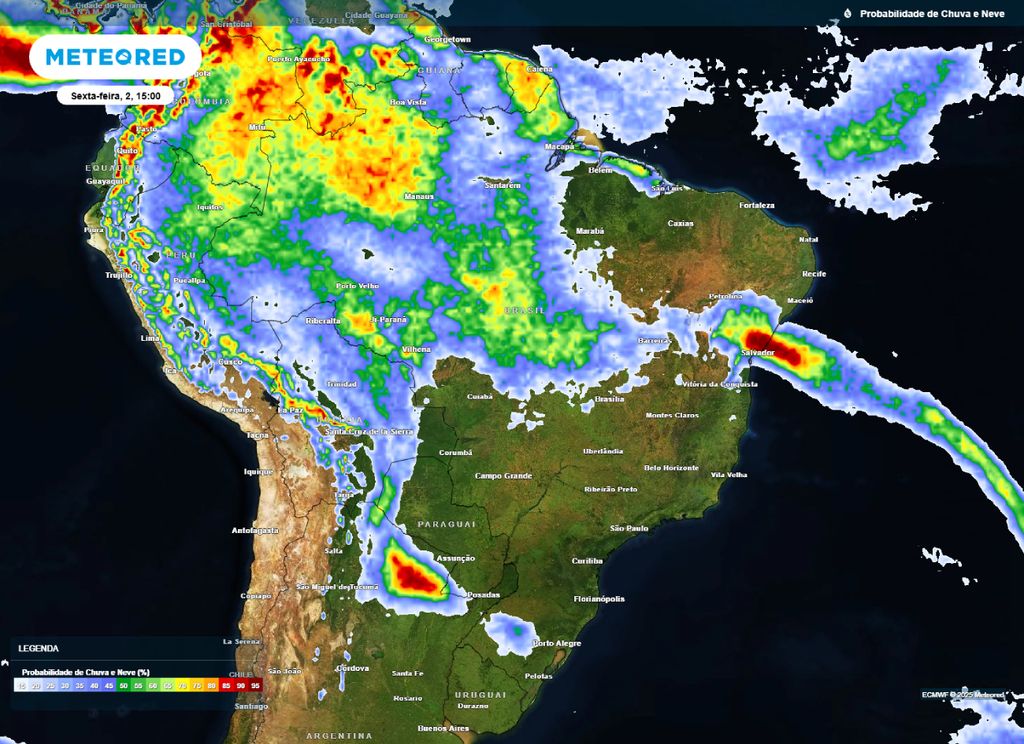 Mapa de probabilidade de precipitação para a tarde de sexta-feira (02), segundo o modelo ECMWF.