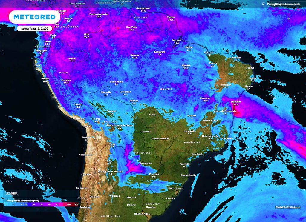 Mapa de precipitação acumulada entre quinta (01) e sexta-feira (02).