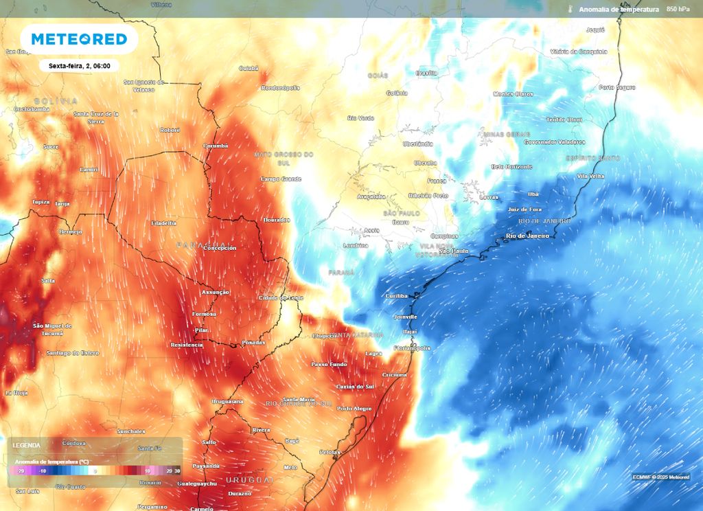 Anomalia de temperatura no nível de 850 hPa para esta sexta-feira (02).