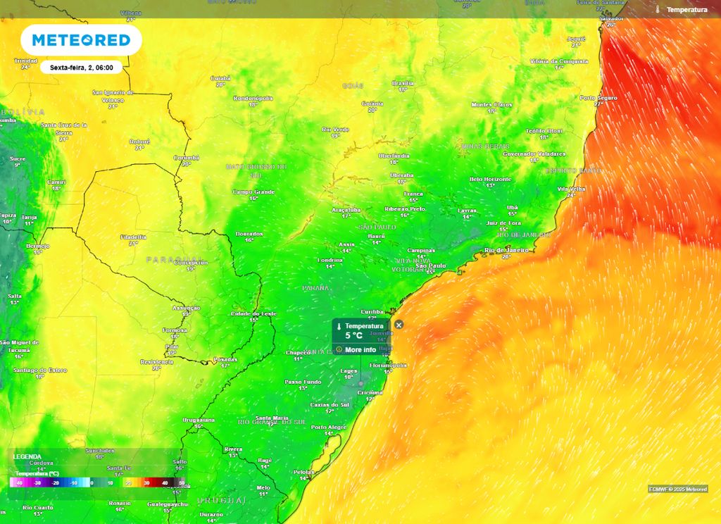 Mapa de temperatura mínima prevista para o centro-sul do Brasil para a manhã de sexta-feira (02), segundo o modelo ECMWF.
