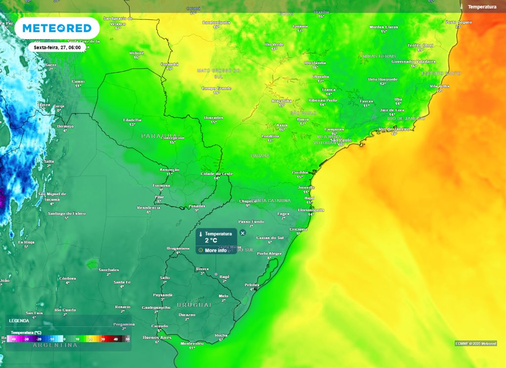 Temperatura mínima prevista para o centro-sul do Brasil na manhã de sexta-feira (27).