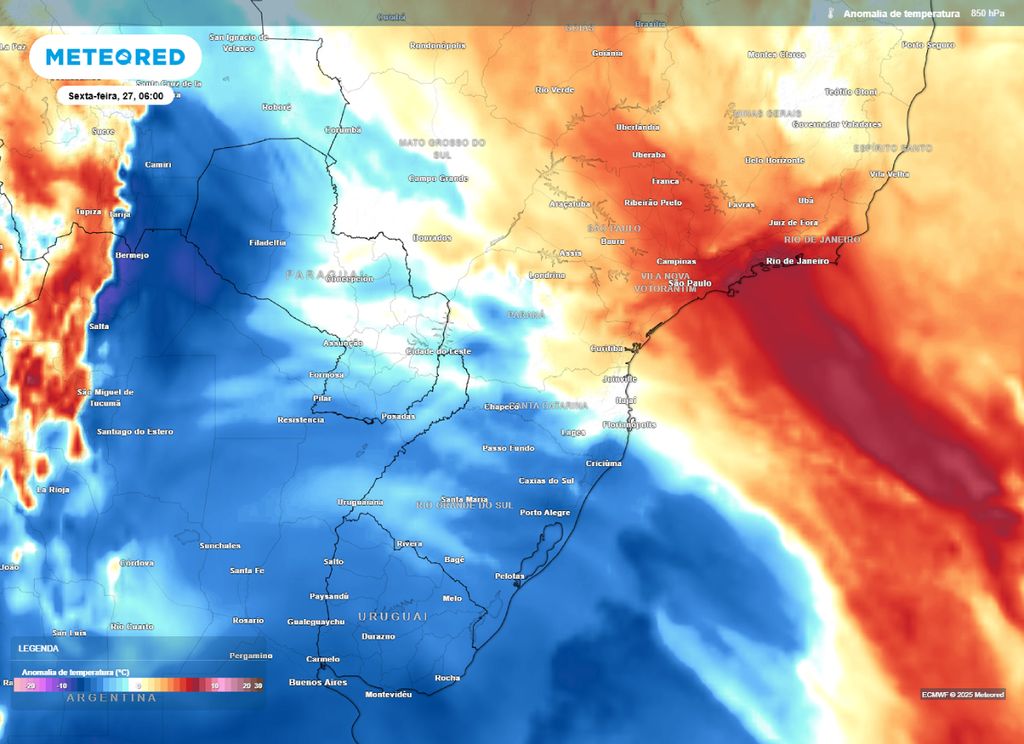 Mapa de anomalia de temperatura em 850 hPa para o sexta-feira (27), segundo o modelo ECMWF.