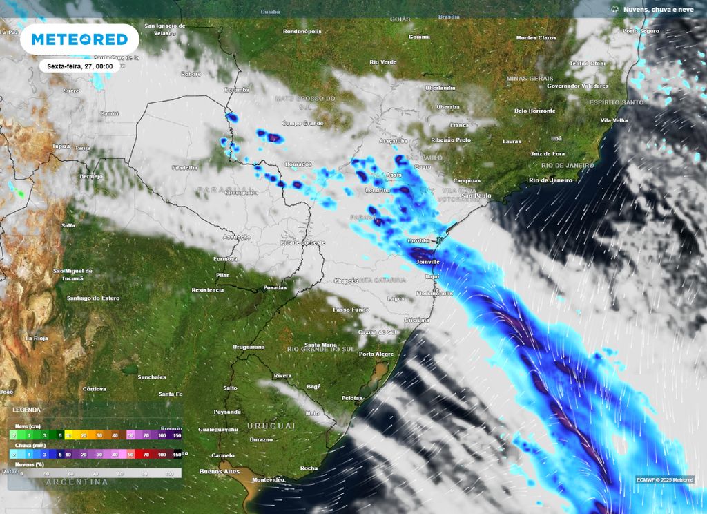 Mapa de precipitação prevista para a madrugada de sexta-feira (27).