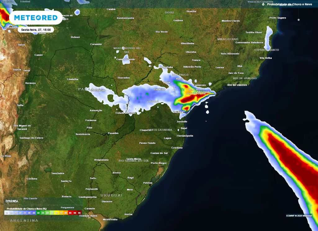 Mapa de probabilidade de precipitação para a tarde de sexta-feira (27), segundo o modelo ECMWF.