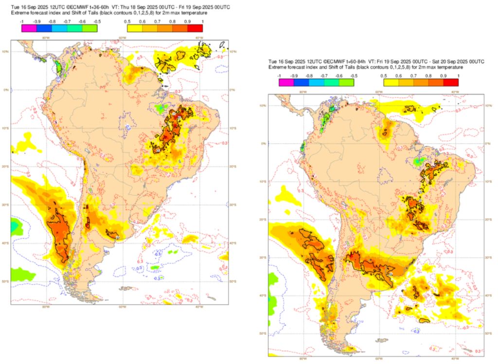 EFI para temperatura máxima para o dia 18 de Setembro (esquerda) e 19 de Setembro (direita). Fonte: ECMWF.