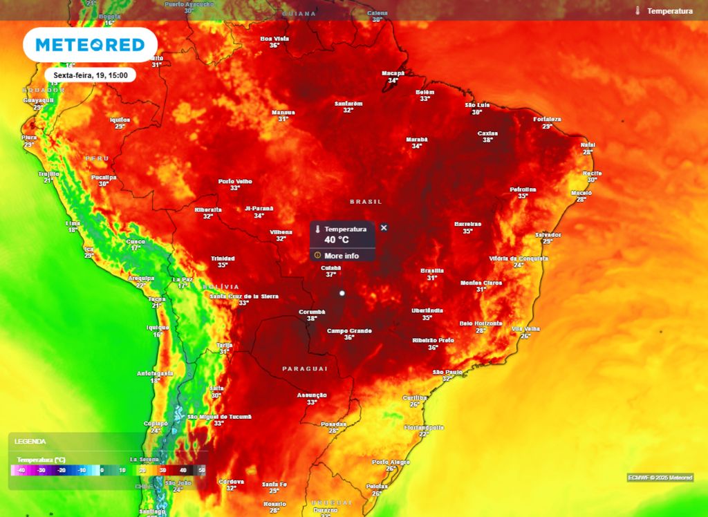 Temperatura máxima prevista para esta sexta-feira (19), segundo o modelo ECMWF.