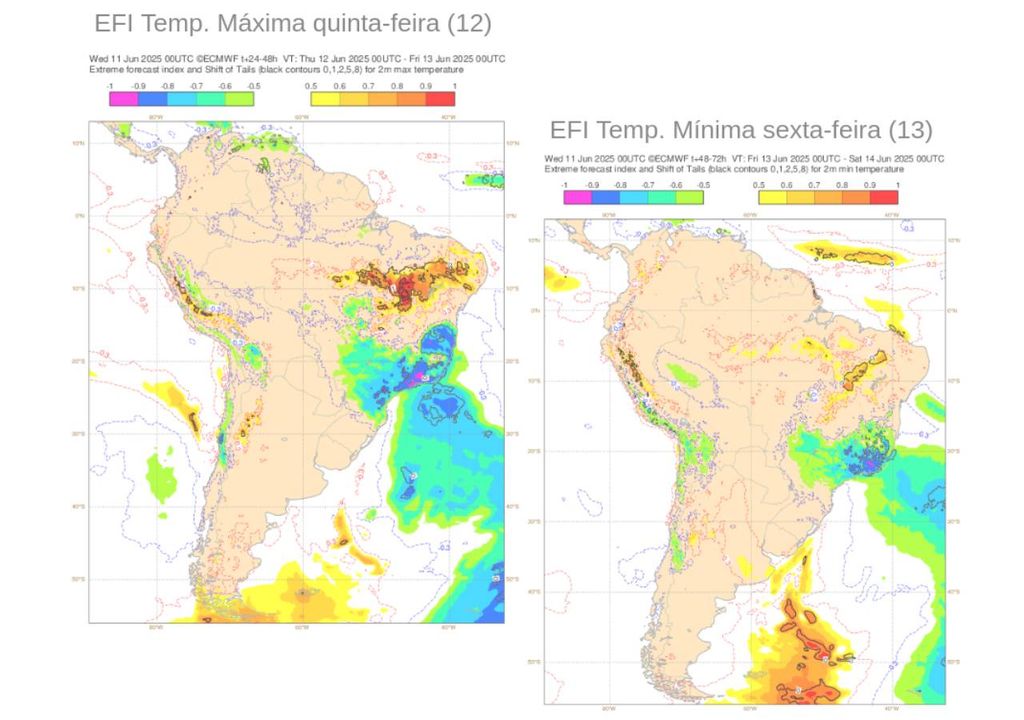EFI para temperatura máxima (esquerda) nesta quinta-feira (12) e para temperatura mínima (direita) na sexta-feira (13). Créditos: adaptado de ECMWF.