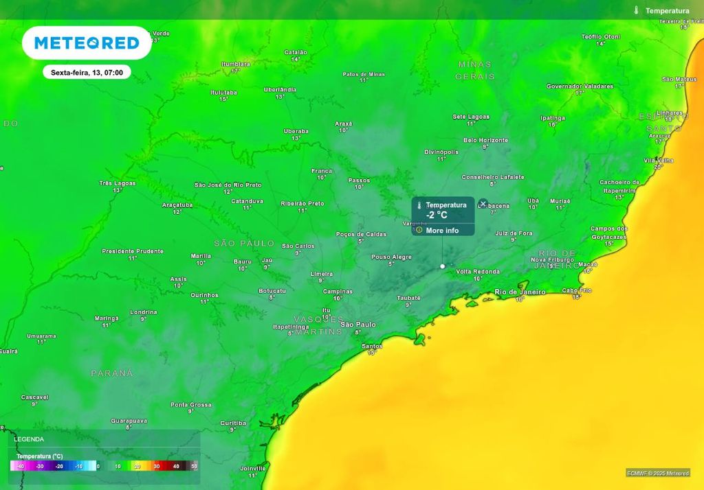 Previsão de temperatura máxima na quinta-feira (12), de acordo com o modelo ECMWF.