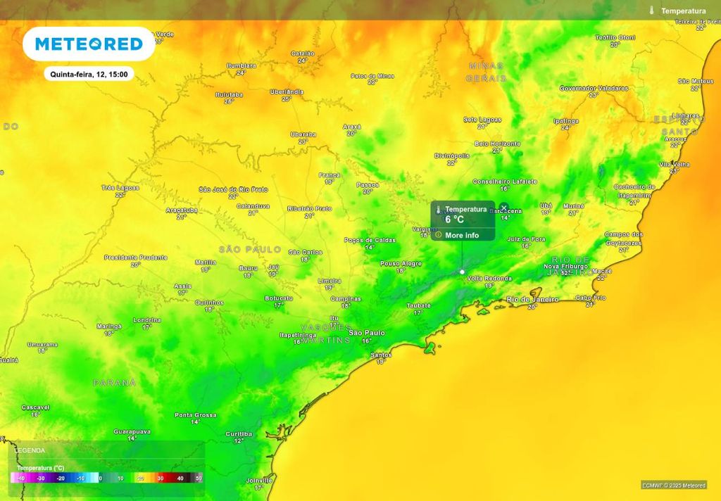 Previsão de temperatura máxima na quinta-feira (12), de acordo com o modelo ECMWF.
