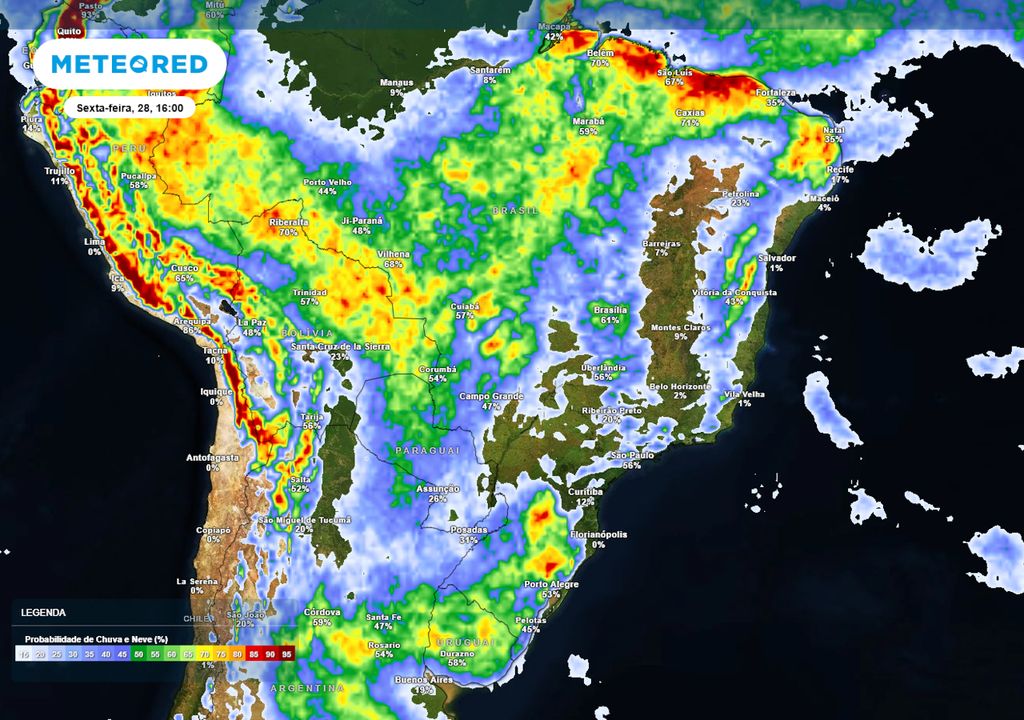 Mapa de probabilidade de chuva na sexta-feira de tarde.