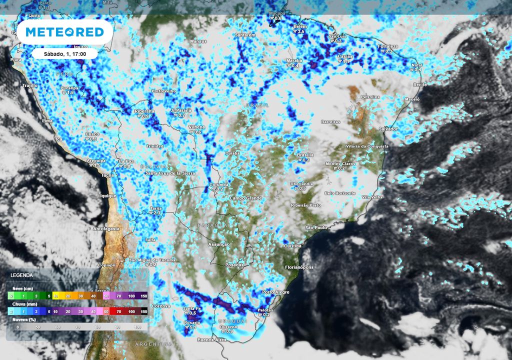 Previsão de nebulosidade e chuva no sábado durante a tarde.