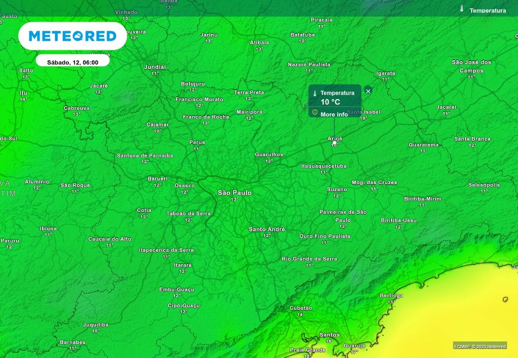 Previsão de temperatura mínima sábado (12), de acordo com o ECMWF.