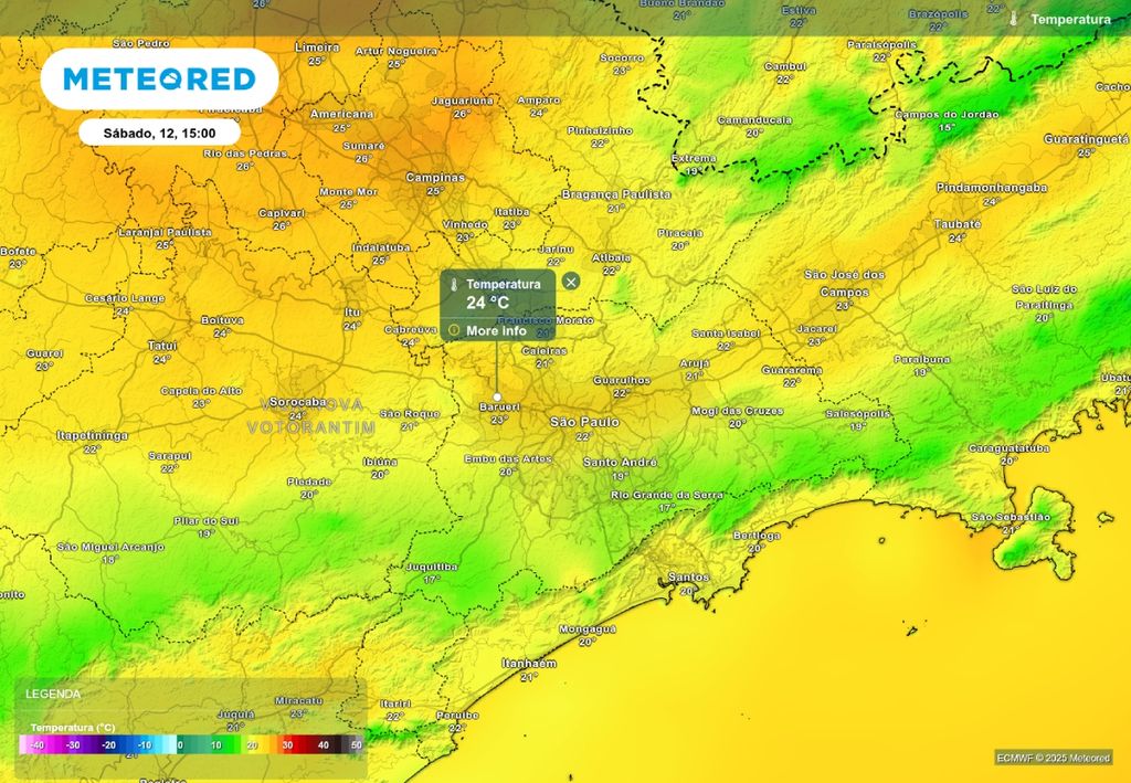 Previsão de temperatura máxima sábado (12), de acordo com o ECMWF.