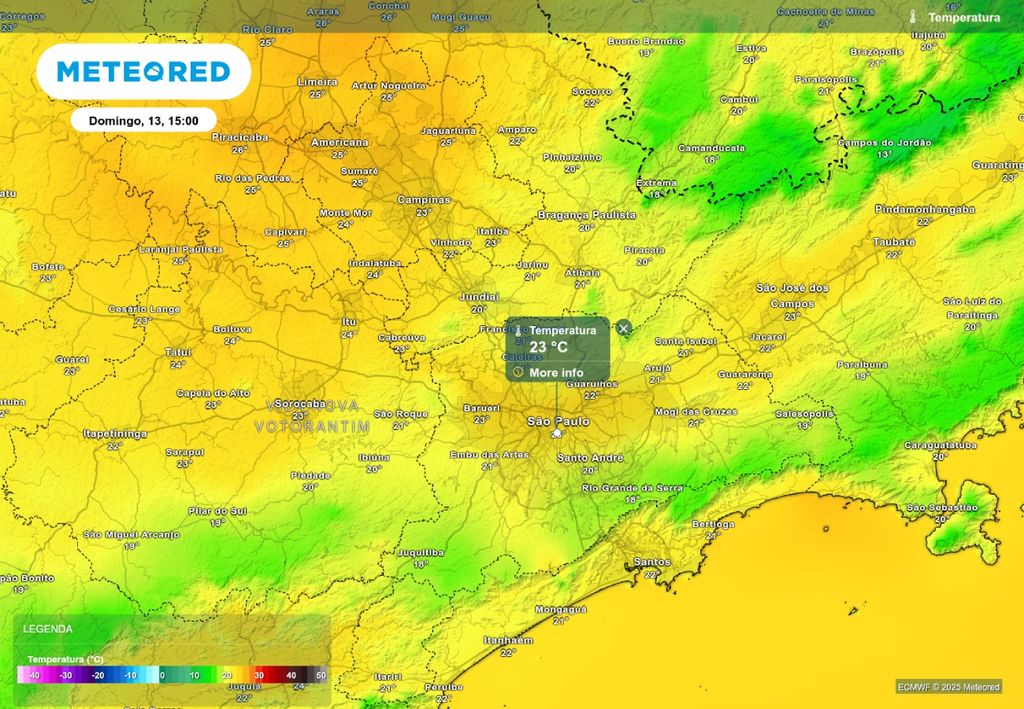 Previsão de temperatura máxima domingo (13), de acordo com o ECMWF.