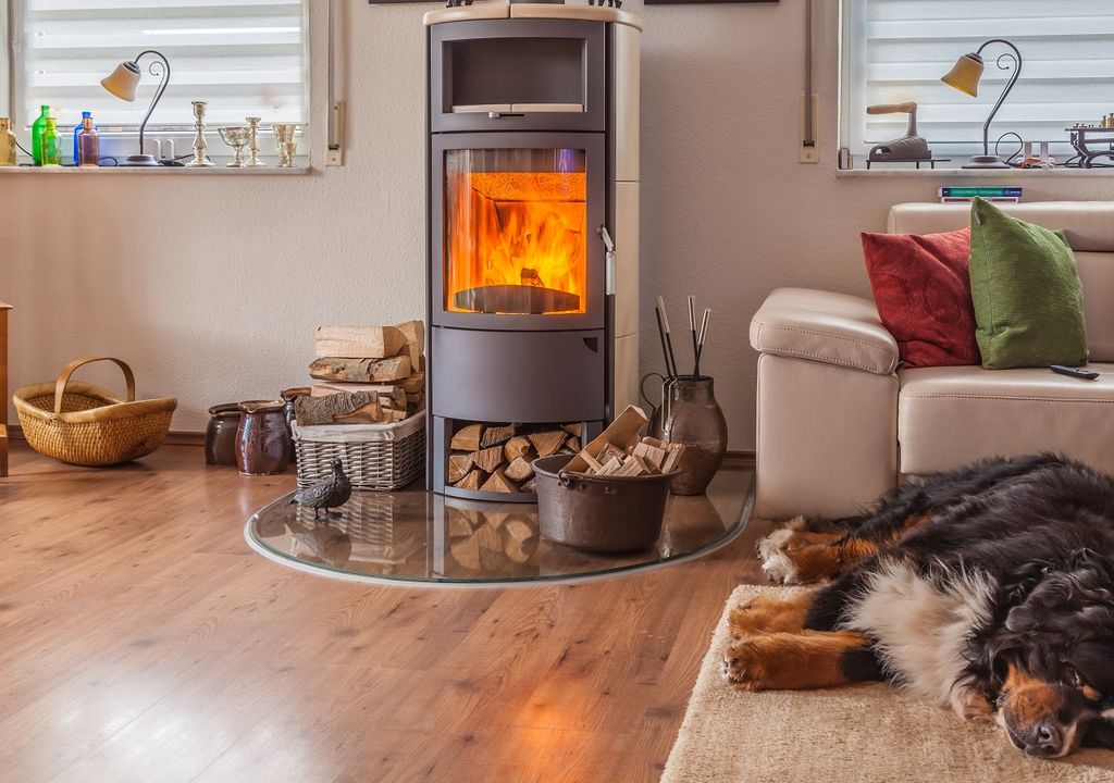 Estufa encendida; mascota durmiendo en el calor de la estufa Estufa encendida; mascota durmiendo en el calor de la estufa