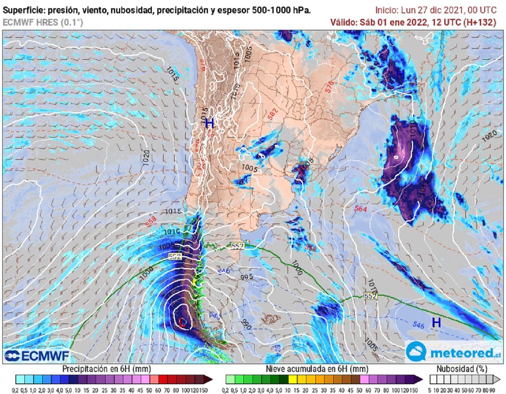 presión, precipitación y viento previstos; modelo ECMWF presión, precipitación y viento previstos; modelo ECMWF