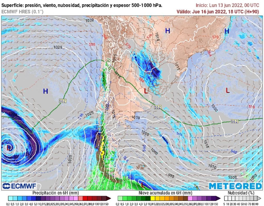 presión y precipitaciones previstas; modelo ECMWF presión y precipitaciones previstas; modelo ECMWF