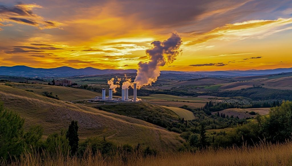 Paesaggio dominato da torri di refrigerazione e pennacchi di vapore: è l'area geotermica della Toscana meridionale.