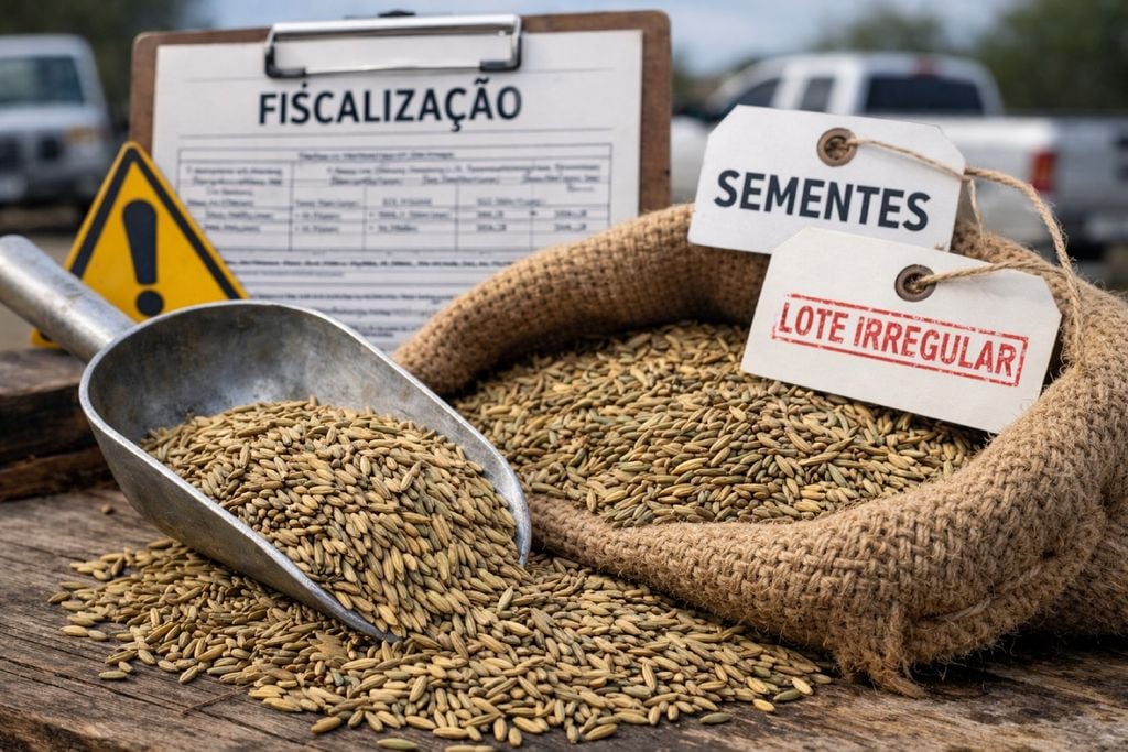 Fiscalização e apreensão de sementes no Rio Grande do Sul, ação que busca coibir lotes irregulares e proteger produtores de prejuízos no campo.