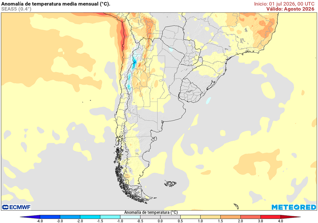 Pronóstico, Clima, Tiempo, Argentina, ECMWF, Agosto, El Niño Anomalía de temperatura para el mes de agosto según nuestro modelo de referencia el ECMWF