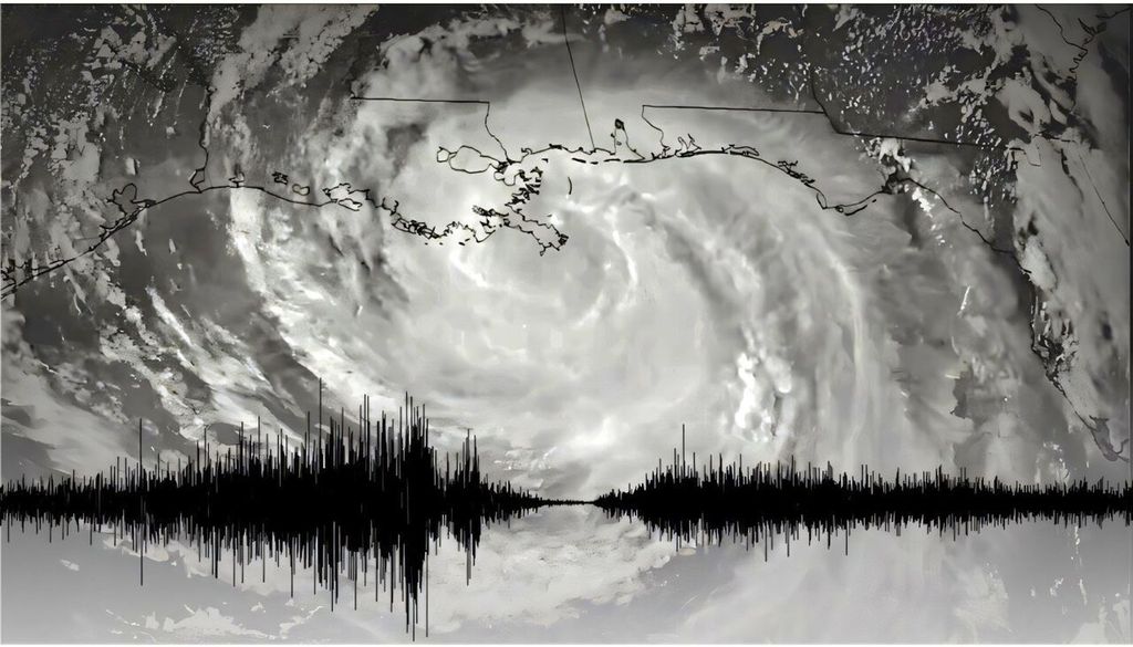 Imagen satelital del huracán Isaac en 2012, al tocar tierra en la costa de Luisiana. Superpuesto a la imagen, se muestra un sismograma que representa las vibraciones del suelo causadas por los fuertes vientos antes y después del paso del ojo del huracán. Crédito: Imagen satelital de los Centros Nacionales de Información Ambiental de la NOAA. Imagen del sismograma del Centro Sismológico para el Avance de las Geociencias de la Fundación Nacional de Ciencias. Imagen proporcionada por Qing Ji.